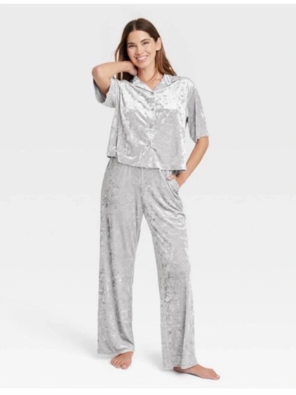 Target Silver Crushed Velvet Short Sleeve Pajama Top - Picture 2 of 5